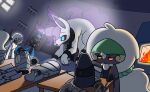 absol absurd_res anthro armor blue_body canid canine canis clothed clothing digital_media_(artwork) eeveelution evalyn_(kitosnightfall) fakemon fan_character female feral fur generation_3_pokemon generation_4_pokemon generation_5_pokemon group hair hammer hi_res horn humanoid hybrid kerchief kitos_(kitosnightfall) male mammal morena_(kitosnightfall) nintendo plant pokemon pokemon_(species) riolu seikyra_(kitosnightfall) sheep_magik tools whimsicott white_body white_fur
