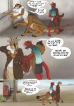 after_transformation anthro bottomwear brown_body brown_fur canid canid_taur canine canine_taur canis clothing coat coyote coyote_taur duo english_text fur hat headgear headwear hi_res human_to_taur hunterr iarann male mammal mammal_taur pawpads paws red_body red_fur saddle shirt shorts sitting taur text topwear transformation trenchcoat walking wolf