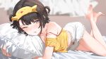  1girl absurdres animal_hairband aqua_eyes bare_legs barefoot black_hair bloomers blurry blurry_background blush bra bra_strap breasts clothing_cutout commentary full_body hashtag-only_commentary highres hololive hugging_object looking_at_viewer loungewear lying medium_breasts midriff navel official_alternate_costume official_alternate_hairstyle on_bed on_stomach one_eye_closed oozora_subaru oozora_subaru_(loungewear) orange_bra parted_lips pillow pillow_hug reachisang shirt short_hair shoulder_cutout solo strap_slip two_side_up underwear virtual_youtuber white_bloomers yellow_shirt 