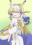  1girl absurdres arknights bare_shoulders beads belt black_outline blonde_hair blue_eyes blush collarbone colored_extremities commentary_request cowboy_shot dragon_girl dragon_horns dragon_tail dusk_zyanai green_background grey_hair hair_between_eyes hair_intakes highres horns jacket jewelry long_hair long_sleeves looking_at_viewer multicolored_hair necklace off_shoulder open_mouth outline partial_commentary pointy_ears purple_hair red_pupils shu_(arknights) smile solo split_mouth standing strapless tail tube_top two-tone_background very_long_hair white_belt white_jacket white_tube_top yellow_background 