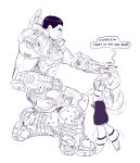 anklet anthro armor boots bottomwear bracelet clothing crovirus doom_(series) doom_slayer duo female footwear freedom_planet galaxytrail gauntlets gloves handwear hi_res human id_software jewelry kneeling larger_male male mammal microsoft milla_basset on_one_knee shoes shorts shoulder_cannon size_difference smaller_female smile speech_bubble tail tail_motion tailwag wearing_helmet