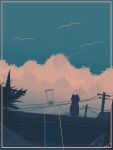  bird blue_sky bottle cat cloud ele_artworks highres inset_border no_humans on_roof original power_lines rooftop scenery silhouette sky soda_bottle tree 