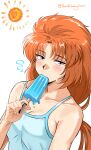  1girl blush breasts camisole david_huang food gundam gundam_unicorn highres long_hair looking_at_viewer marida_cruz orange_hair popsicle purple_eyes simple_background solo sun sweat white_background 