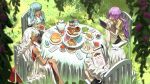  4girls absurdres adori_zahard arie_hagipherione_zahard black_pants blanket blue_eyes blue_hair braid bread breasts cake cake_slice candy chair choker cookie crossed_legs cup dark-skinned_female dark_skin dessert earrings eating eye_symbol flower food food_in_mouth fork fruit game_console gold_choker grapes grass greco-roman_clothes grey_eyes hair_over_eyes highres holding holding_cup holding_paper jaina_repellista_zahard jewelry kapxapius khun_maschenny_zahard knife laurel_crown laurels leaf long_hair looking_at_another macaron multiple_girls on_grass original pants paper picnic pink_flower plant plate playing_games pudding purple_hair reading sandwich shirt shorts sitting strawberry sweets table tea teacup teapot tower_of_god tree white_hair white_shirt yellow_shirt 