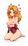  :o areolae bad_id bad_pixiv_id bare_legs bare_shoulders barefoot blonde_hair breast_hold breasts breasts_outside collarbone crossed_arms full_body green_eyes groin hair_intakes hair_tubes imu_(lom) kara_(color) large_breasts legend_of_mana long_hair nipples open_mouth seiken_densetsu simple_background sitting solo white_background 