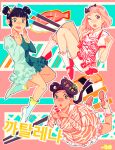  3girls bio_(bioshitto) black_hair blue_socks blunt_bangs brown_hair commentary double_bun food full_body hair_bun highres juliet_sleeves k-pop lizzy_(after_school) long_sleeves looking_at_viewer multiple_girls nana_(after_school) one_eye_closed open_mouth orange_caramel pink_hair puffy_sleeves raina_(after_school) real_life short_hair short_sleeves smile socks sushi white_socks 