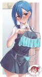  2girls absurdres bikini black_dress blue_hair blush border breasts brown_eyes closed_mouth collared_shirt commentary_request dress earrings green_eyes hair_between_eyes highres jewelry large_breasts love_live! love_live!_superstar!! medium_hair multiple_girls neck_ribbon outside_border pinafore_dress red_hair red_ribbon ribbon rikka006 school_uniform shirt short_sleeves sleeveless sleeveless_dress stud_earrings sweatdrop swimsuit thumbs_up unworn_bikini wakana_shiki white_border white_shirt yoneme_mei yuigaoka_school_uniform 