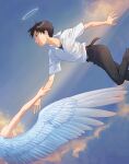  2boys angel_wings belt belt_buckle black_belt black_pants breast_pocket brown_eyes brown_hair buckle cloud collared_shirt commentary feathered_wings feet_out_of_frame halo hand_on_another&#039;s_arm hashtag-only_commentary highres ikari_shinji looking_ahead male_focus multiple_boys nagisa_kaworu neon_genesis_evangelion open_collar out_of_frame outstretched_arm pants parted_lips pocket profile school_uniform shirt short_sleeves sky tokyo-3_middle_school_uniform white_shirt white_wings wing_collar wings yellowfish 