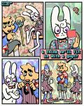 4:5 4_panel_comic aloha_shirt anthro bingus_(rawdawgcomics) bird_dog bow_tie canid canine canis cheek_spots clothing clown comic curly_hair domestic_dog duo english_text floppy_ears footwear fur gesture golden_retriever group hair half-closed_eyes hand_gesture hi_res human hunting_dog lagomorph leporid male mammal narrowed_eyes overalls pattern_clothing pattern_shirt pattern_topwear pawpads paws pink_pawpads rabbit rawdawgcomics retriever shirt socks stahli_(rawdawgcomics) teeth text thumbs_up tooth_gap topwear trio white_body white_fur yellow_body yellow_fur