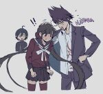 1girl 2boys :d ahoge black_hair black_sailor_collar black_skirt blush brown_hair danganronpa_(series) danganronpa_v3:_killing_harmony facial_hair goatee hair_ornament hair_scrunchie harukawa_maki jacket long_hair long_sleeves miniskirt momota_kaito multiple_boys open_clothes open_jacket open_shirt pants pink_pants pleated_skirt print_shirt red_scrunchie red_shirt red_thighhighs saihara_shuichi sailor_collar scrunchie shirt skirt smile sophie_(693432) spiked_hair thighhighs white_shirt zettai_ryouiki 