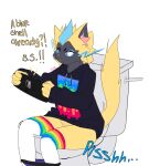 anthro blue_eyes clothed clothing electronics english_text female game_console gaming generation_7_pokemon hi_res legendary_pokemon legwear nintendo panties panties_down partially_clothed playing_video_game pokemon pokemon_(species) raveneevee simple_background sitting solo stockings sweater text toilet topwear underwear underwear_down white_background zeraora