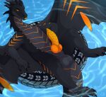 animal_genitalia balls black_body black_claws black_horn black_scales claws dirty.paws dragon erection feral fridaflame genitals hi_res horn male membrane_(anatomy) membranous_wings mythological_creature mythological_scalie mythology orange_eyes orange_knot orange_penis orange_sclera penis scales scalie sheath solo ventral_scales wings