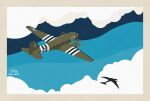  aircraft airplane artist_name blue_sky border c-47 cloud commentary_request flying highres invasion_stripes military military_vehicle no_humans ocean original propeller roundel silhouette sky spiny_(spiny_lobster) twitter_username vehicle_focus white_border 