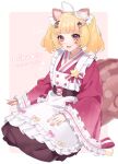  1girl :3 acorn_hair_ornament animal_ears apron blonde_hair blunt_bangs blurry bokeh border bow_hairband brown_tail commission depth_of_field facial_mark food-themed_hair_ornament full_body hair_ornament hair_scrunchie hairband hairclip hand_on_lap highres japanese_clothes kaiteki_live kimono kneeling komori_risu lolita_fashion marking_on_cheek open_mouth orange_eyes outside_border peta_(snc7) pink_background pink_kimono rounded_corners scrunchie second-party_source see-through_bow see-through_hairband short_kimono skeb_commission solo squirrel_ears squirrel_girl squirrel_tail star_(symbol) star_facial_mark striped_tail tail thank_you twintails wa_lolita white_apron white_border white_scrunchie wide_sleeves 