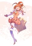  1girl boots bow bowtie brooch choker clenched_hand commentary cure_sunny dot_nose feather_sleeves footwear_ribbon frilled_skirt frills full_body hair_bun hair_ornament happy high_heel_boots high_heels hino_akane_(smile_precure!) jewelry leg_up light_blush looking_at_viewer magical_girl mini_tiara miniskirt open_mouth orange_background orange_bow orange_bowtie orange_choker orange_eyes orange_hair orange_ribbon orange_shirt orange_shorts orange_skirt orange_theme orange_wrist_cuffs outline pleated_skirt precure ribbon serizawa_serizane shirt short_hair short_sleeves shorts shorts_under_skirt single_hair_bun skirt skirt_set smile smile_precure! solo tareme teeth thigh_boots tiara train_(clothing) twitter_username two-tone_background upper_teeth_only white_background white_boots white_outline white_sleeves wing_hair_ornament wrist_cuffs 