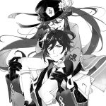  1boy 1girl black_gloves black_nails black_shorts carrying coattails earrings flower genshin_impact gloves hair_between_eyes hand_on_another&#039;s_head hat hat_flower highres hu_tao_(genshin_impact) jacket jewelry long_hair looking_at_viewer multiple_rings open_mouth plum_blossoms porkpie_hat ring shirt shorts shoulder_carry single_earring sitting sitting_on_person suit tassel tassel_earrings twintails very_long_hair zhongli_(genshin_impact) zzzhan 