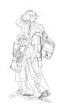  2boys :d age_difference backpack bag bottle brothers child commentary_request full_body futsuu_no_keion-bu greyscale hand_on_own_head hat height_difference highres hood hood_down hoodie kijino looking_at_another male_focus monochrome multiple_boys pants plant shirt shoes short_hair short_sleeves shorts shoulder_strap siblings simple_background sketch smile standing t-shirt takami_kouki takami_ryuki white_background 