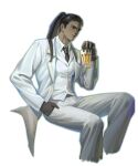  black_hair black_necktie collared_shirt cup dark-skinned_male dark_skin hair_slicked_back hand_in_pocket hand_up head_tilt high_ponytail highres holding holding_cup invisible_chair leaning_to_the_side library_of_ruina narrowed_eyes necktie olivier_(project_moon) ponytail project_moon serious shirt sitting suit white_shirt white_suit wuruko 