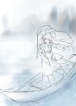  1girl alternate_costume boat bow chinese_commentary closed_mouth commentary_request expressionless gohei hair_bow hair_ribbon hakurei_reimu highres holding holding_gohei japanese_clothes karaqia kimono long_hair long_sleeves mixed-language_commentary on_boat red_ribbon ribbon skirt solo touhou very_long_hair watercraft wide_sleeves 