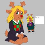 anthro antlers black_bottomwear black_clothing black_hooves black_skirt blonde_hair bottomwear brown_body brown_fur buckteeth checkered checkered_clothing checkered_shirt checkered_topwear closed_smile clothed clothed_anthro clothed_female clothing cloven_hooves deer deltarune english_text eyebrows female fingers freckled_face freckles fully_clothed fully_clothed_anthro fully_clothed_female fur green_eyes grey_background hair hands_on_legs hands_on_thighs hooves horn hot-coco kneeling long_ears long_hair looking_aside looking_at_viewer mammal mouth_closed new_world_deer noelle_holiday pattern_clothing pattern_shirt pattern_topwear red_nose reindeer scut_tail seiza shirt short_tail simple_background sitting skirt smile solo tail teeth text topwear undertale_(series)