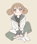  1girl :3 absurdres black_shirt blush_stickers brown_eyes brown_hair closed_mouth fluffy_hair full_body green_pants grey_eyes grey_jacket hands_on_own_foot highres hood hooded_jacket jacket knee_up long_sleeves looking_at_viewer loose_socks multicolored_eyes namori on_floor original pants paper_texture purple_eyes shirt simple_background skirt socks solo twintails two-sided_fabric two-sided_jacket two-tone_eyes v-shaped_eyebrows white_jacket white_skirt 