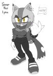 2025 annoyed anthro big_breasts biped bottomwear bracelet breasts champchidi character_name cleavage clothed clothing ear_piercing ear_tuft eyelashes fan_character felid feline female greyscale hi_res jacket jewelry lynx mammal monochrome off_shoulder pants piercing pupils scarf sega sharp_teeth short_tail simple_background slit_pupils solo sonic_the_hedgehog_(series) tail teeth text tight_bottomwear tight_clothing tight_pants topwear tuft wide_hips