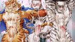 abs anthro arknights blush bodily_fluids breasts clothing cum cumshot ejaculation erection felid genital_fluids grimoire_of_zero group hi_res hypergryph jewelry lin_hu male male/male mammal mercenary_(grimoire_of_zero) mountain_(arknights) necklace nekojishi nodis_node pantherine studio_klondike studio_montagne tiger trio undressing