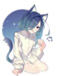  1girl ahoge alternate_costume androgynous animal_ears arm_support blue_background blue_eyes blue_hair breasts cat_ears cat_girl cat_tail chi_kan100 collared_shirt dress_shirt full_body gradient_hair hair_over_one_eye hand_up head_tilt kimi_no_koto_ga_dai_dai_dai_dai_daisuki_na_100-nin_no_kanojo long_sleeves looking_at_viewer lower_teeth_only multicolored_hair nakaji_uto no_pants one_eye_covered open_mouth parted_bangs paw_pose shirt short_hair single_hair_intake sitting small_breasts solo sparkle tail teeth white_background white_shirt yokozuwari 