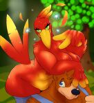 2025 anthro avian banjo-kazooie banjo_(banjo-kazooie) beak bear big_breasts bird blue_eyes breasts brown_body brown_fur duo eyelashes feathers female fingers fur green_eyes hi_res jewelry kazooie looking_at_viewer male mammal necklace non-mammal_breasts one_eye_closed rareware red_body red_feathers ritts signature slightly_chubby stretch_marks tan_body tan_skin thick_thighs yellow_body yellow_feathers