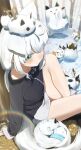  1girl absurdres ahoge animal_ears aqua_eyes arm_support black_jacket blush closed_mouth commentary_request creature creature_on_head feet_out_of_frame forest fox fox_girl fox_tail from_above from_side fubuchun fubuzilla_(shirakami_fubuki) hand_on_ground highres hololive jacket knee_up leaning_back light_rays long_hair long_sidelocks miteiru_(shirakami_fubuki) nature nejima_kitsune_(shirakami_fubuki) on_ground oruyanke_(shirakami_fubuki) outdoors perspective ponytail shirakami_fubuki shirousagi_(sirousagi0501) shorts sidelocks sitting snow snowball snowman solo sukonbu_(shirakami_fubuki) tail throwing tree virtual_youtuber white_hair white_tail winding_key winter 