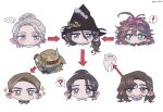  ! ... 1boy 4girls :/ :o ? aged_down ahoge arrow_(symbol) arthur_fog black_hair black_hat blue_bow blue_eyes blush bow bowtie braces brimley_(reverse:1999) brown_coat brown_eyes brown_hair brown_hat caroline_bartley character_chart chibi closed_mouth coat cropped_head facing_viewer fedora flutterpage green_bow green_bowtie green_eyes grey_hair hair_bow hair_bun hair_ornament hat highres hobby_horse kim_8thhh leaf_hair_ornament long_hair looking_at_viewer looking_to_the_side mole mole_under_eye multiple_girls multiple_hair_bows purple_bow relationship_graph reverse:1999 short_hair smile speech_bubble spoken_ellipsis spoken_exclamation_mark spoken_question_mark sweatdrop teeth tooth tooth_fairy_(reverse:1999) toy_horse twitter_username unworn_coat unworn_hat unworn_headwear willow_(reverse:1999) witch_hat 