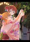  2girls absurdres arms_up bamboo blue_eyes blush brown_hair commentary crowd emma_verde floral_print floral_print_kimono flower from_side hair_bun hair_flower hair_ornament highres holding holding_tanzaku japanese_clothes kimono konoe_kanata looking_at_another love_live! love_live!_nijigasaki_high_school_idol_club monowe multiple_girls night people print_kimono smile tanabata tanzaku yukata yuri 