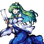  1girl absurdres bare_shoulders breasts detached_sleeves frog_hair_ornament gohei green_eyes green_hair hair_ornament hair_tubes highres holding holding_gohei kochiya_sanae large_breasts long_hair looking_at_viewer open_mouth pioartstuff simple_background skirt snake snake_hair_ornament solo touhou white_background wide_sleeves 
