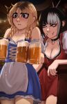  2girls absurdres alcohol beer black_eyes black_hair black_nails blonde_hair braid breasts choker cleavage closed_mouth collarbone dirndl earrings face_piercing german_clothes highres indoors jessie_(veyonis) jewelry large_breasts lip_piercing mika_(veyonis) multicolored_hair multiple_earrings multiple_girls nail_polish nose_piercing open_mouth original piercing smile twin_braids two-tone_hair veyonis yuri 