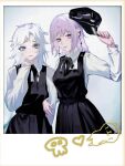  2girls absurdres chainsaw_man commentary dress earrings english_commentary fami_(chainsaw_man) famine_devil_(chainsaw_man) fourth_east_high_school_uniform hat highres holding holding_unworn_clothes holding_unworn_hat ivdimension jewelry mole mole_under_eye mole_under_mouth multiple_girls multiple_moles pinafore_dress ringed_eyes school_uniform siblings sisters sleeveless sleeveless_dress tassel tassel_earrings unworn_hat unworn_headwear white_hair 