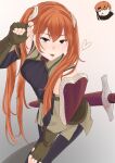  1boy 1girl :p black_pants breasts brown_eyes brown_gloves candy chibi closed_mouth commentary_request father_and_daughter fingerless_gloves fire_emblem fire_emblem_awakening food gaius_(fire_emblem) gloves highres lollipop lollipop_in_mouth long_hair looking_at_viewer orange_eyes orange_hair pants reshi_fe severa_(fire_emblem) sheath sheathed short_hair simple_background small_breasts smile sword tongue tongue_out twintails weapon 