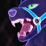 ambiguous_form ambiguous_gender bared_teeth blaze2012 canid canine canis domestic_dog fangs fangs_bared fur gaping_mouth glowing glowing_eyes green_eyes halter headshot_portrait hi_res mammal mouth_shot neon open_mouth portrait purple_body purple_fur purple_nose shaded simple_background simple_shading snout solo teeth teeth_showing textured_background tongue
