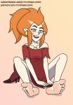 5_toes barefoot clothed clothing disney eda_clawthorne feet female hair hi_res humanoid humanoid_feet humanoid_pointy_ears mrchasecomix not_furry orange_hair plantigrade pointy_ears soles solo text the_owl_house toes url witch_(the_owl_house)