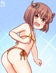  1girl artist_logo bikini blue_background brown_eyes brown_hair commentary_request covered_nipples dated flat_chest gold_bikini headgear kanon_(kurogane_knights) kantai_collection logo one-hour_drawing_challenge open_mouth radar_hair_ornament round_teeth short_hair side-tie_bikini_bottom smile solo sparkle speaking_tube_headset swimsuit teeth thong_bikini upper_teeth_only yukikaze_(kancolle) 