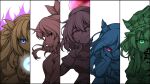  495-flan 5girls bare_shoulders blue_eyes bow choker cone_horns false_smile frilled_hat frills green_eyes hair_bow hat hecatia_lapislazuli highres horn_ornament horns japanese_clothes kikuri_(touhou) konngara_(touhou) long_hair long_sleeves looking_at_viewer multiple_girls nippaku_zanmu off-shoulder_shirt off_shoulder ponytail red_eyes ribbon rod_of_remorse shiki_eiki shirt short_hair short_sleeves single_horn smile touhou touhou_(pc-98) trait_connection underworld_(ornament) wide_sleeves 