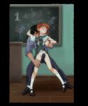  1boy 1girl age_difference amondetauro black_shoes blue_shirt blush breasts bulge classroom commentary english_commentary erection erection_under_clothes eva_02 grabbing_another&#039;s_breast green_skirt green_vest groping hand_under_clothes happy hetero highres kaji_ryouji licking neon_genesis_evangelion orange_hair panties school_uniform shirt shoes skirt smile socks souryuu_asuka_langley tokyo-3_middle_school_uniform underwear vest white_panties white_shirt white_socks 