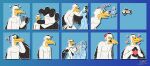 ambiguous_gender anthro avian avian_feet beak binoculars biped bird black_body black_feathers blue_body brown_eyes cleaning_tool codyf0xx crotch_tuft duo english_text feathers gesture hand_gesture heart_gesture heart_symbol hi_res male male/male male_anthro mop multiple_images nude pelecaniform pelican pelican_(character) pointing pointing_at_another purple_eyes solo telegram_sticker text tuft white_body white_feathers ych_(character) yellow_beak