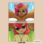 apple_bloom_(mlp) artist_name babs_seed_(mlp) blush bodily_fluids cold-blooded-twilight cousins_(lore) crying day dialogue duo earth_pony english_text equid equine female female/female feral friendship_is_magic fur grass green_eyes hair hasbro hi_res hooves horse incest_(lore) lying mammal my_little_pony on_back open_mouth orange_body orange_fur outside pink_hair plant pony red_hair sky talking_feral tan_body tan_fur tears teeth text