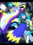  1girl 1other absurdres aqua_eyes aqua_gloves aqua_hair blonde_hair breasts building claw_pose closed_mouth dragon dragon_miku_(project_voltage) electricity gloves hair_between_eyes hair_ornament hatsune_miku headphones highres holding holding_microphone long_hair looking_at_viewer medium_breasts microphone miraidon neon_lights night night_sky official_alternate_costume official_alternate_hairstyle outdoors pokemon pokemon_(creature) project_voltage sky smile twintails vocaloid yuu_(yuu777hh) 
