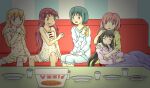  5girls akemi_homura black_hair blonde_hair blue_hair couch cuddling highres holy_quintet hug kaname_madoka long_hair lying_on_person mahou_shoujo_madoka_magica majka626 miki_sayaka multiple_girls pink_hair pizza_box red_hair sakura_kyoko short_hair sleeping sleepover sleepwear smile tomoe_mami twintails 