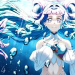  1girl 4b-enpitsu air_bubble blue_hair bubble commentary cure_la_mer in_water laura_la_mer long_hair navel precure purple_eyes solo straight-on submerged sunlight tropical-rouge!_precure underwater upper_body very_long_hair water 