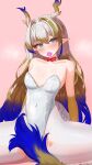  1girl absurdres alternate_costume arknights bare_shoulders blonde_hair blue_hair blush breasts cleavage closed_mouth collarbone commentary condom condom_in_mouth condom_wrapper covered_navel cowboy_shot dragon_girl dragon_horns dragon_tail eyeliner green_eyes grey_hair hair_between_eyes hair_intakes highleg highleg_leotard highres horns leotard long_hair makeup medium_breasts mouth_hold multicolored_hair orange_eyeliner pantyhose pink_background pointy_ears shu_(arknights) simple_background sitting solo spread_legs strapless strapless_leotard sweatdrop tail tail_censor torn_clothes torn_pantyhose white_leotard white_pantyhose yeong100 