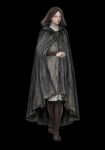  1girl absurdres black_background black_cloak boots bracer brooch brown_boots brown_hair cape cloak closed_mouth dress elden_ring facial_tattoo full_body highres hood hooded_cape jewelry looking_at_viewer medium_hair melina_(elden_ring) one-eyed one_eye_closed parted_bangs robinrot solo standing tattoo white_dress 