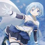 1girl blue_boots blue_dress blue_eyes blue_hair blue_skirt blue_sleeves boots breasts cape cleavage cloud cloudy_sky detached_collar detached_sleeves dress frills gloves hair_ornament looking_at_viewer mahou_shoujo_madoka_magica mahou_shoujo_madoka_magica_(anime) miki_sayaka musical_note musical_note_hair_ornament open_hand peke_peke_s short_hair skirt sky smile thighhighs white_cape white_thighhighs 