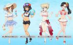  4girls alternate_hairstyle armband asymmetrical_bangs ball barefoot beachball belt bendy_straw bikini bikini_skirt black_bikini black_boots black_hair black_shorts blonde_hair blue_background blue_bikini blue_bow blue_eyes blue_necktie blue_skirt blunt_bangs blush boots bow bowtie breasts brown_eyes brown_hair chain character_name cleavage cleavage_cutout clothing_cutout collarbone collared_shirt cropped_shirt cropped_vest cup darjeeling_(girls_und_panzer) detached_collar double_bun drink drinking_glass drinking_straw emblem eyewear_on_head flower frilled_bikini frilled_shirt frilled_skirt frilled_sleeves frilled_wrist_cuffs frills full_body girls_und_panzer girls_und_panzer_senshadou_daisakusen! gold_chain gradient_background gradient_clothes green_eyes groin hair_bun hair_flower hair_ornament hand_on_own_hip hat hat_bow hat_flower hat_ribbon hibiscus high_heels highres holding holding_ball holding_drink holding_microphone holding_shoes holding_unworn_clothes hoshino_(girls_und_panzer) layered_skirt legs looking_at_viewer microphone midriff multiple_girls musical_note navel necktie nishi_kinuyo nishizumi_miho official_art one_eye_closed open-toe_boots open_fly open_mouth outstretched_arms pink_flower pink_rose plaid_ribbon platform_sandals plumeria red_bikini red_bow red_bowtie red_flower ribbon rose sandals see-through_clothes see-through_skirt shirt shoes short_hair short_necktie short_shorts short_sleeves shorts side_ponytail skirt smile st._gloriana&#039;s_(emblem) standing standing_on_one_leg strapless straw_hat sun_hat sunflower sunflower_hair_ornament sunglasses swimsuit thigh_strap thighs tube_top unworn_shoes vest water white_bikini white_bow white_flower white_rose white_shoes white_skirt wrist_cuffs yellow_bow yellow_shoes 